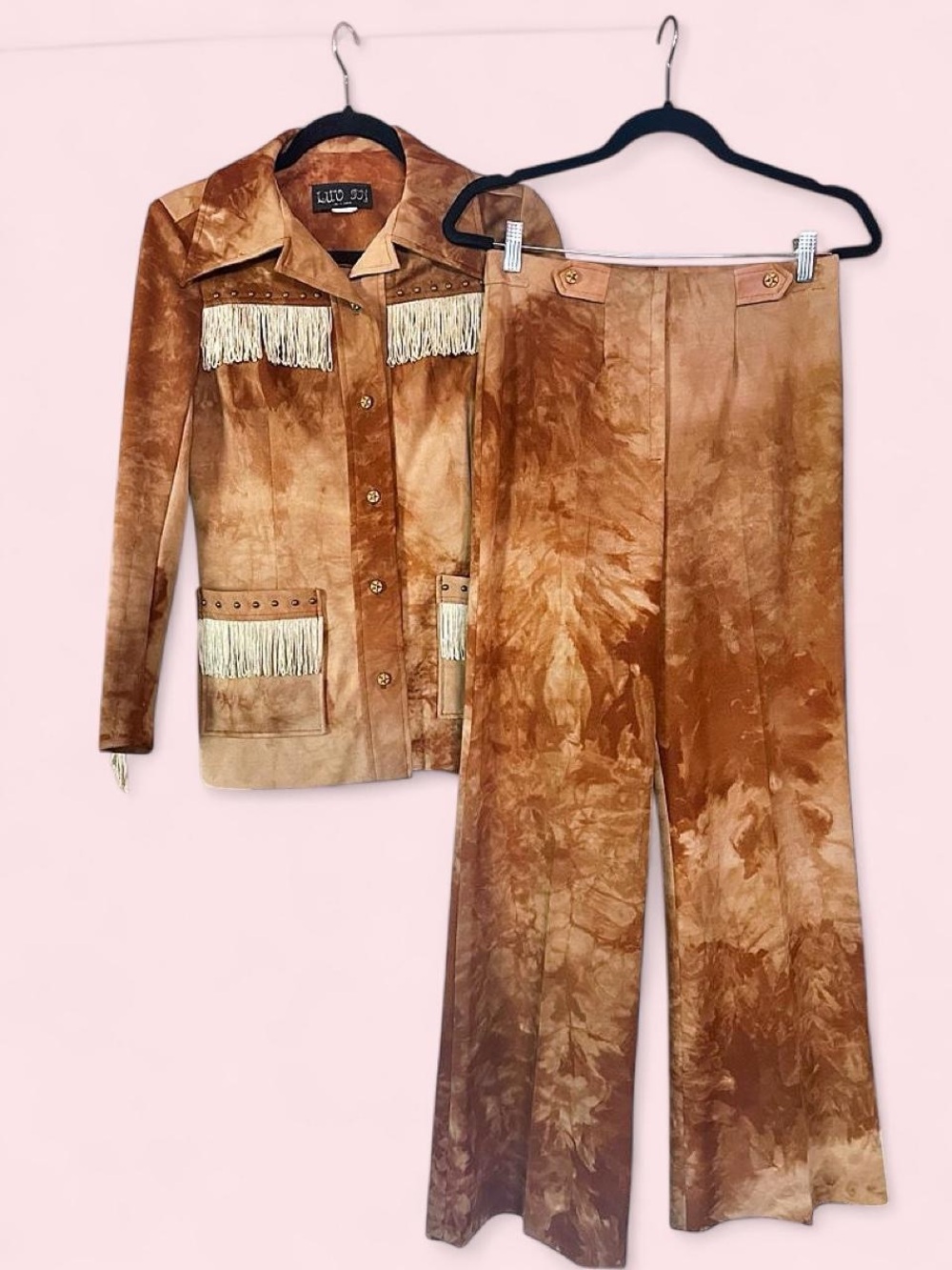 RARE Vintage Two-Piece Fringe Jacket & Wide-Leg Flare Pants Set - Ice Dye Brown